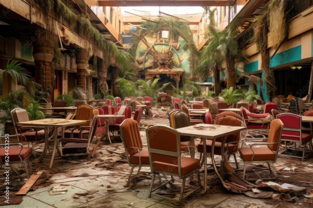 Fototapeta premium abandoned food court, chairs and tables in disarray, created with generative ai