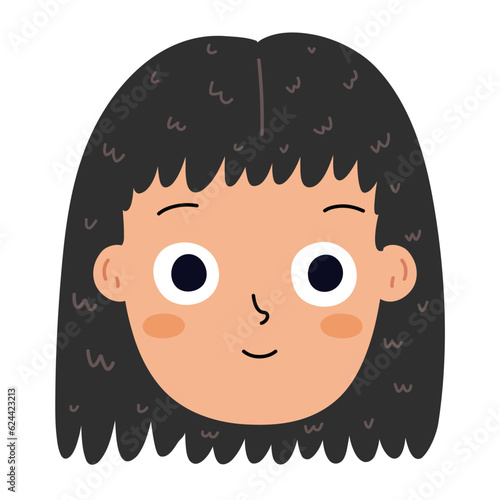 Happy girl face emotion. Calm little kid clipart. Emotional expression head close-up. Young person avatar. Vector illustration