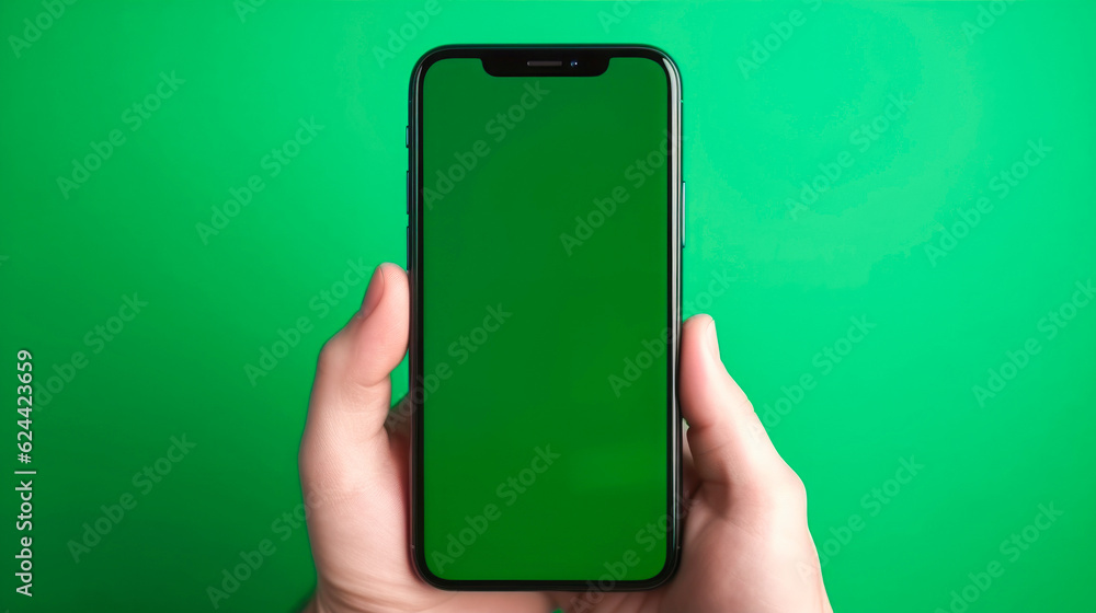 A smartphone with a green screen displayed on a green background, providing a blank canvas for digital content creation. AI generated A smartphone with a green screen displayed on a green background, providing a blank canvas for digital content creation. AI generated