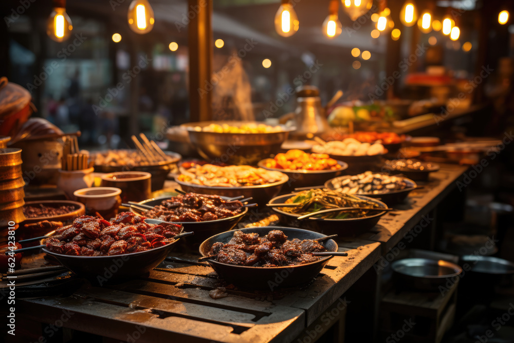 Evening Gastronomic Adventure. Bustling Food Market in Seoul, South Korea, at Sunset. Asian Cuisine AI Generative.
 - obrazy, fototapety, plakaty 