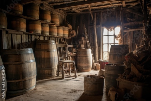old wooden barrels stacked in rustic barn, created with generative ai © Alfazet Chronicles