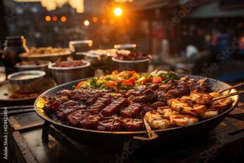Evening Gastronomic Adventure. Bustling Food Market in Seoul, South Korea, at Sunset. Asian Cuisine AI Generative. 