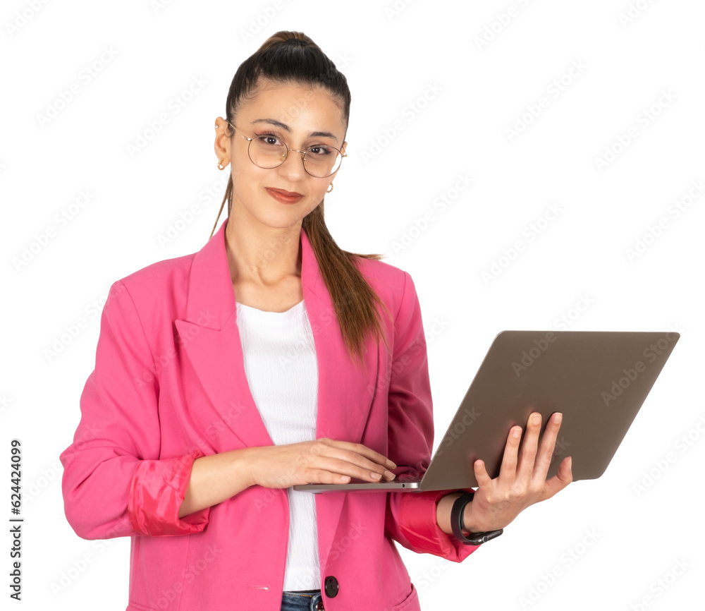 Girl holding in hands laptop, portrait of young caucasian brunette attractive confident girl holding in hands laptop. Isolated transparent, png, background. Copy space. Wearing pink jacket. Girl holding in hands laptop, portrait of young caucasian brunette attractive confident girl holding in hands laptop. Isolated transparent, png, background. Copy space. Wearing pink jacket.