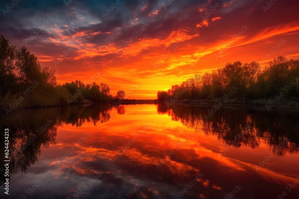 serene lake reflections during sunset, with sky showing vibrant hues of orange and red, created with generative ai serene lake reflections during sunset, with sky showing vibrant hues of orange and red, created with generative ai