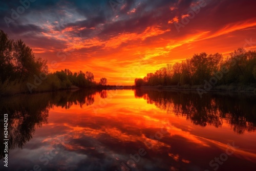 serene lake reflections during sunset, with sky showing vibrant hues of orange and red, created with generative ai