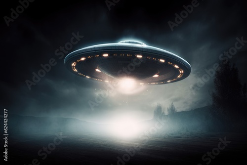 an ufo spaceship flying over a dark background