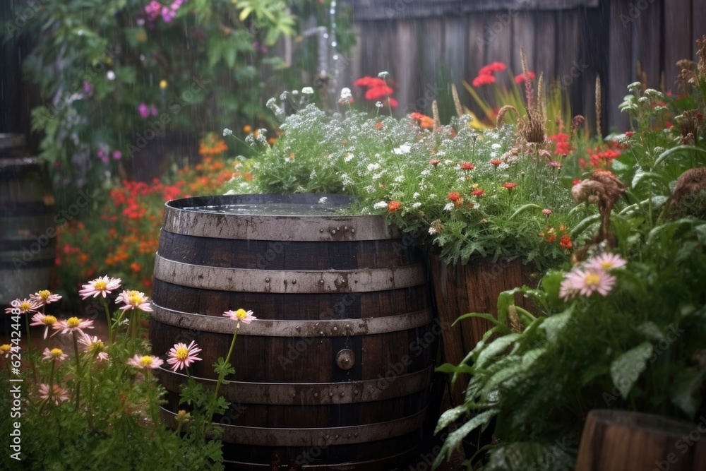 raindrops on an old barrel in a rustic garden, created with generative ai raindrops on an old barrel in a rustic garden, created with generative ai