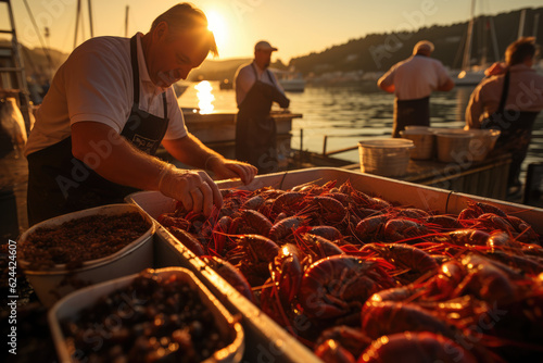 Galician Lobster Fiesta. Vibrant Lobster Market at Dawn in Galicia, Spain. Fresh Catch Concept AI Generative photo