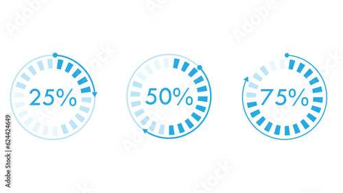 Vector circular progress bars with glowing loading scales and percentage indicators, future loading technology bars of head up display.