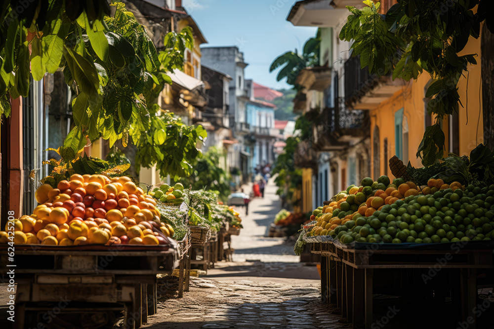 Tropical Delight. Energetic Fruit Market in Salvador, Brazil. Colorful Bounty Concept AI Generative.
