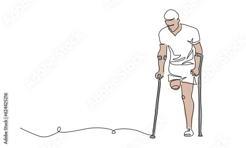 Disabled man with amputated leg, limb use crutches for support and walking. One continuous line art drawing. Simple vector illustration of disabled man