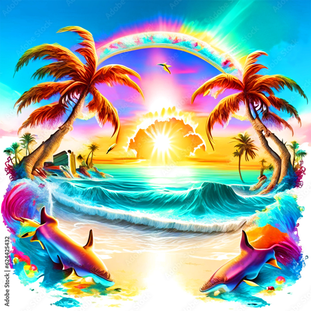 Vivid Psychedelic Illustration Palm Trees and Beach