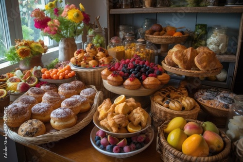 a beautiful display of homemade pastries, fruits, and other ingredients, created with generative ai