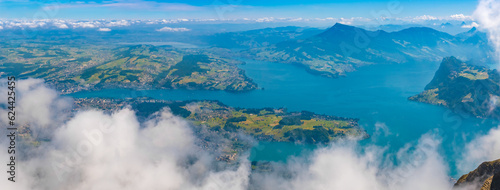 Panorama of Lake Lucerne (Vierwaldstättersee) from the Pilatus. The lake in central Switzerland has a complicated shape with several sharp bends and four arms. It's the fourth largest in the country.