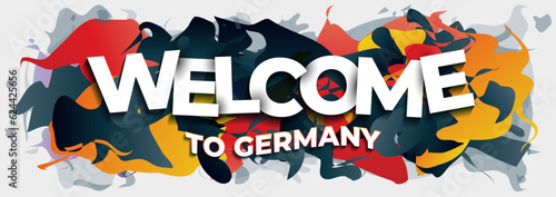 The phrase "Welcome to Germany'' on an abstract background in the colors of the German flag