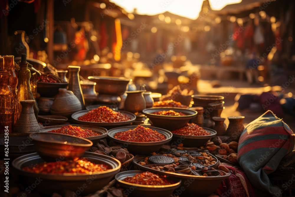 Authentic Souk Experience. Bustling Moroccan Souk in Marrakech at Sunset. Vibrant Atmosphere AI Generative.
