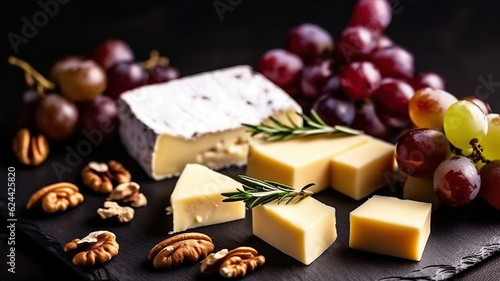Delectable Fresh Sliced Cheese, Ripe Grapes, Nuts, and Rosemary Sprigs on a Rustic Black Board. Generative AI