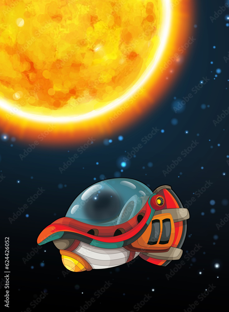 Cartoon funny colorful scene of cosmos galactic alien ufo space craft ship isolated illustration for children Cartoon funny colorful scene of cosmos galactic alien ufo space craft ship isolated illustration for children
