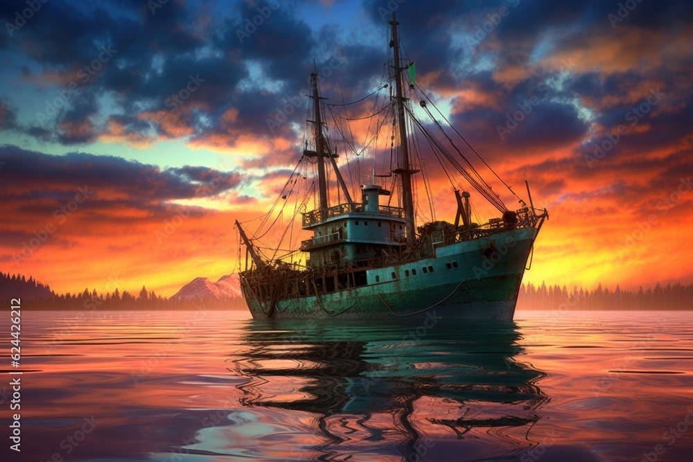 wide-angle view of fishing trawler against colorful dusk sky, created with generative ai