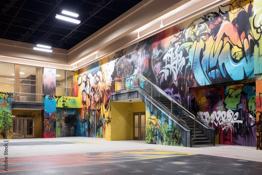 graffiti-covered walls of a once busy mall, created with generative ai