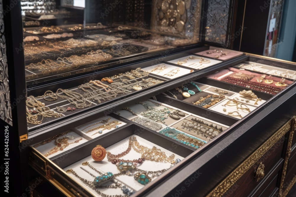 glass case filled with luxurious jewelry, including gold and silver bracelets and necklaces, created with generative ai
