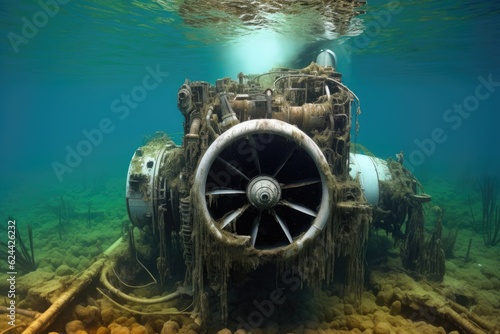 airplane engine parts submerged in water, created with generative ai