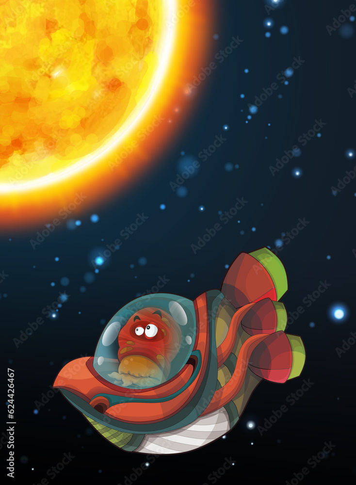 Cartoon funny colorful scene of cosmos galactic alien ufo space craft ship isolated illustration for children Cartoon funny colorful scene of cosmos galactic alien ufo space craft ship isolated illustration for children