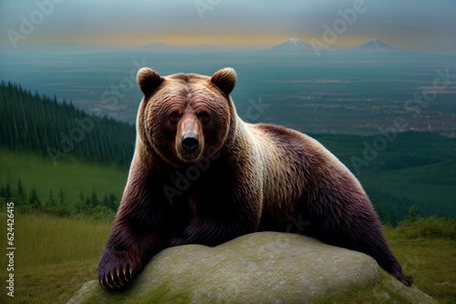 A Large Brown Bear Sitting On Top Of A Rock
