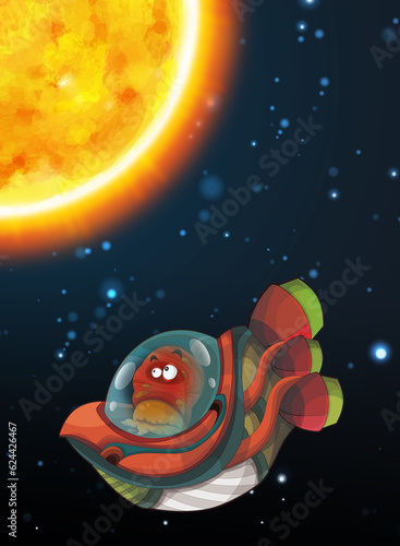 Cartoon funny colorful scene of cosmos galactic alien ufo space craft ship isolated illustration for children