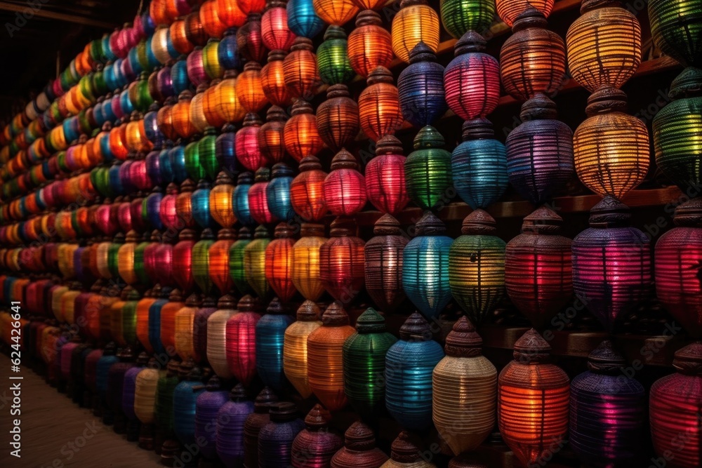 rows of colorful handmade lanterns on display, created with generative ai