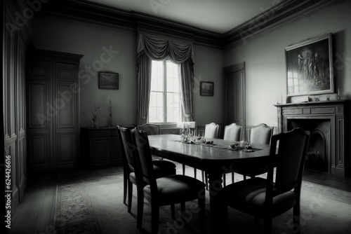 A Black And White Photo Of A Dining Room