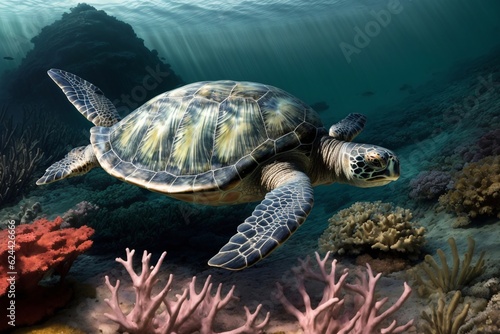 A Green Sea Turtle Swimming Over A Coral Reef