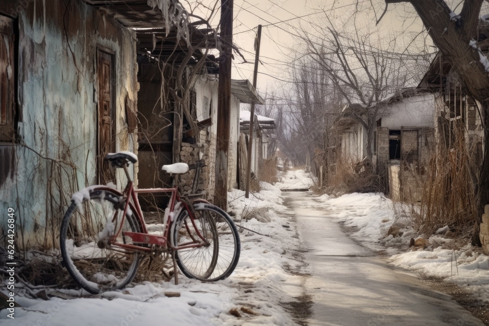 forgotten bicycle half-buried in a winter street, created with generative ai