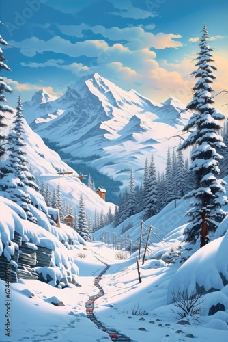 snow-covered mountain landscape with ski tracks, created with generative ai