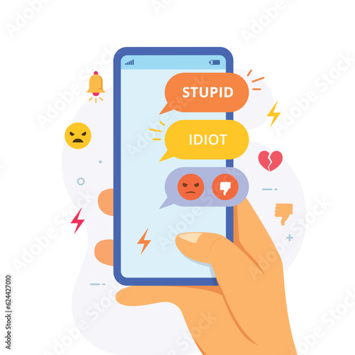 Cyber bullying message in chat. Cyber bully in social media side effect vector illustration