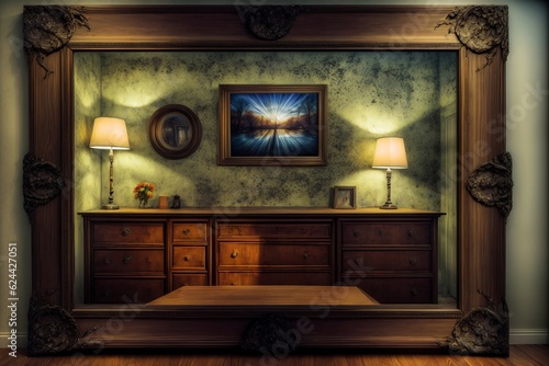 A Painting Of A Room With A Table And Two Lamps