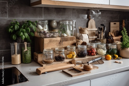 a zero-waste kitchen, with fresh ingredients and minimal packaging visible, created with generative ai