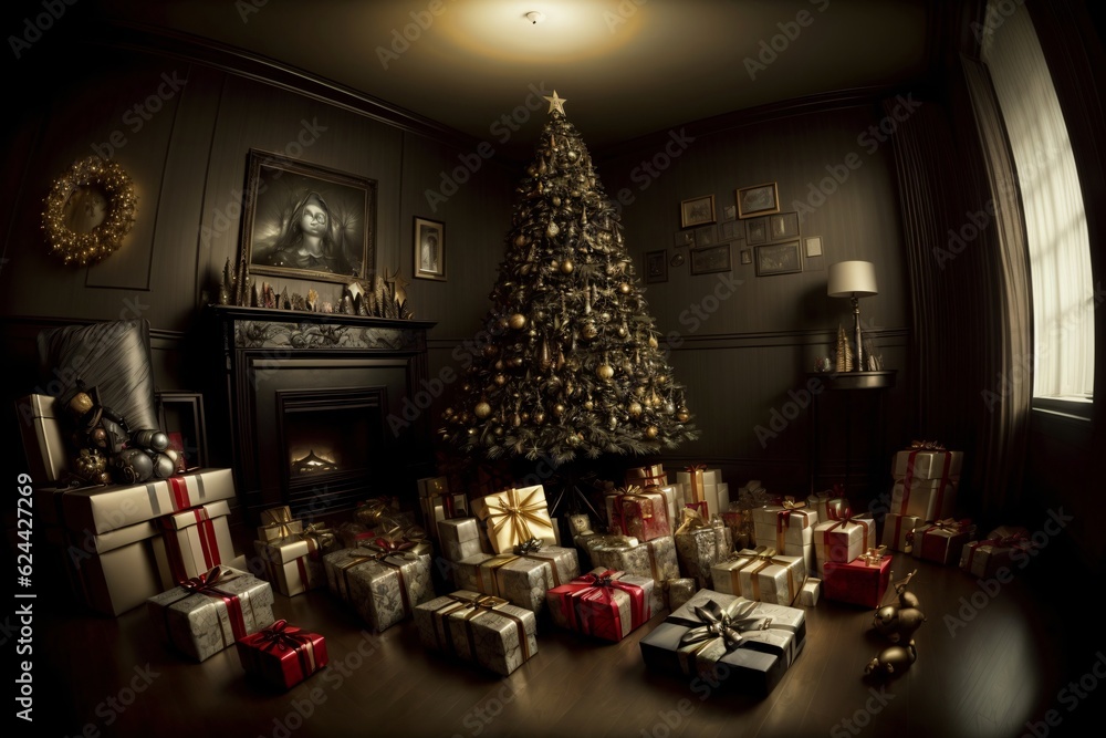 A Christmas Tree Surrounded By Presents In Front Of A Fireplace A Christmas Tree Surrounded By Presents In Front Of A Fireplace