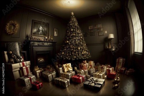 A Christmas Tree Surrounded By Presents In Front Of A Fireplace