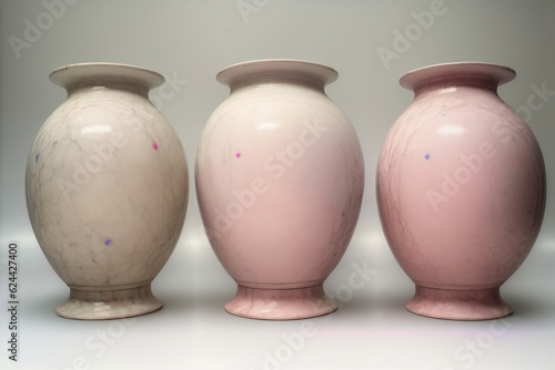A Group Of Three Vases Sitting Next To Each Other