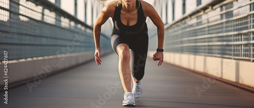 Rear View, Female runner running outdoor on bridge. Young woman is at start position. Generative AI