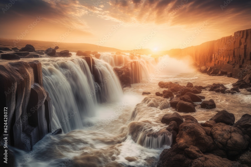 Fototapeta premium waterfall, with view of the sunset in the background, creating a magical atmosphere, created with generative ai