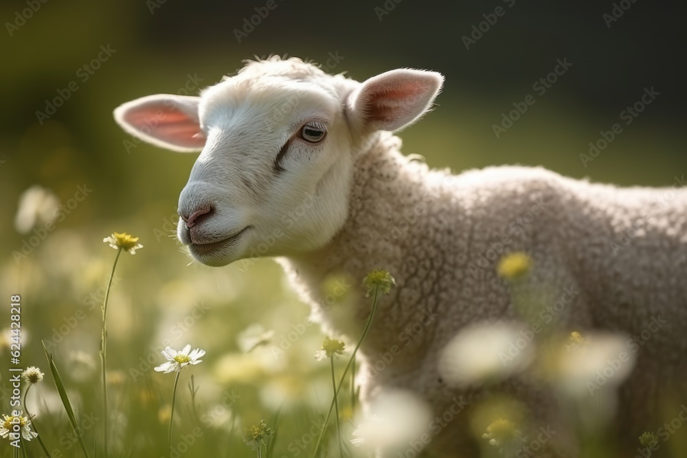 Cute lamb grazing enjoying springtime meadow. Generative AI