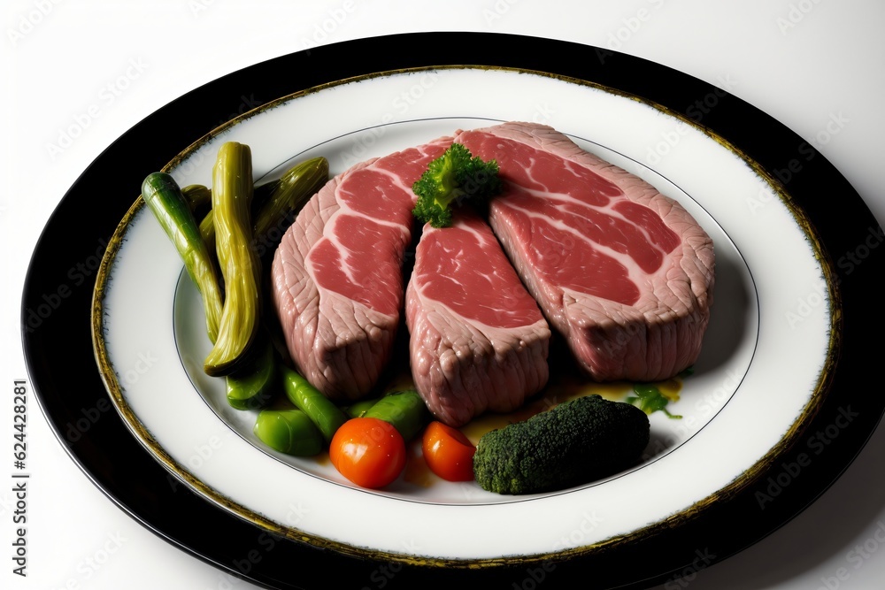 A White Plate Topped With Meat And Vegetables A White Plate Topped With Meat And Vegetables