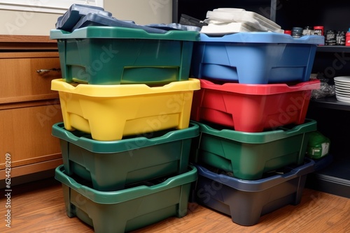 stack of plastic bins for tidy and organized storage, created with generative ai photo