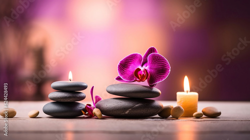 Spa still life with spa stones, burning candles and orchid. Generative AI