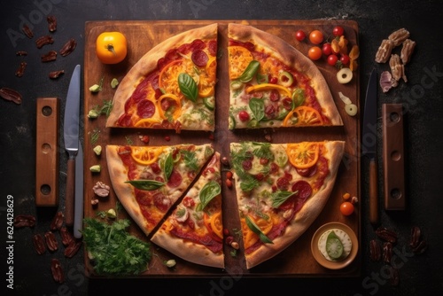 overhead shot of pizza with a single slice removed, created with generative ai