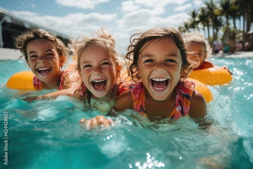 Happy kids have fun in the outdoor water park photo