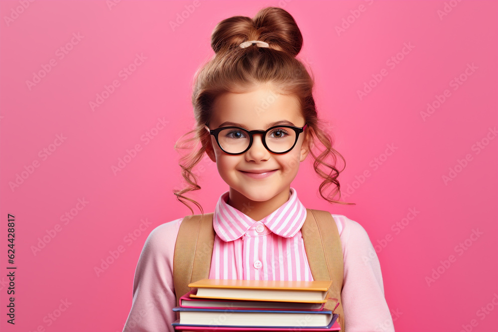 cute girl ready to back to school on pink background, generative ai ...