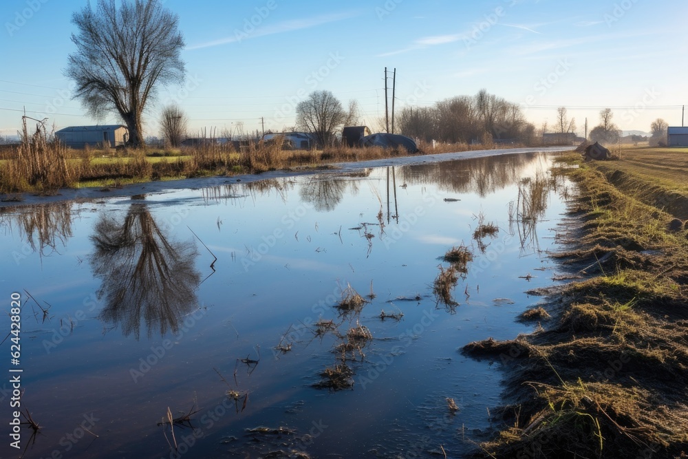 flooded area near damaged levee awaiting repair, created with generative ai flooded area near damaged levee awaiting repair, created with generative ai